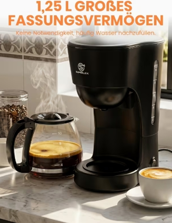 Rectangle 878 (96) Cafetière Filtre Goutte à Goutte SUPERLEX 1,25L – Machine à Café Électrique pour Maison et Bureau avec Système Anti-Goutte et Arrêt Automatique
