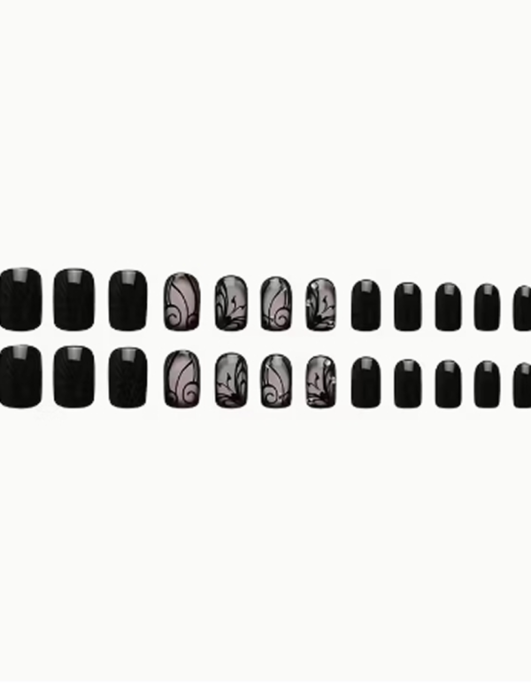 Faux Ongles Réutilisables Carrés de Longueur Moyenne – Kit de 24 Pièces à Motif Rayures Noires