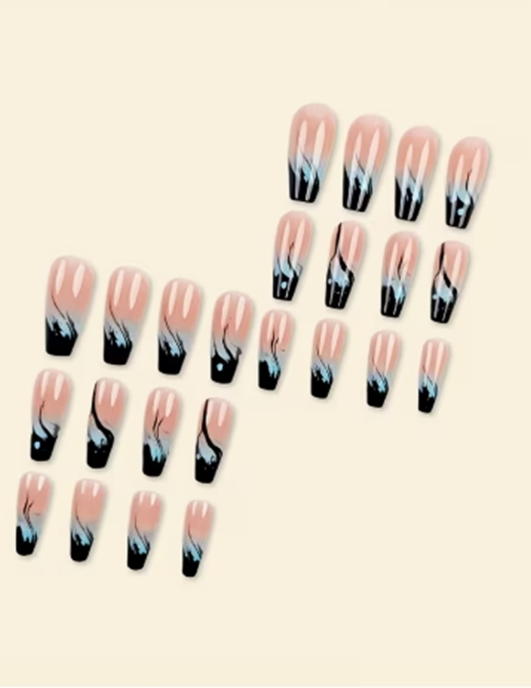 Faux Ongles Longs Forme Coffre Brillants Bleus et Roses – Kit de 24 Pièces Réutilisables, Style Français Moderne avec Ondulations et Motif Algue Marin