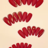 Faux Ongles Press-On Forme Amande Rouges Mats – Kit de 24 Pièces avec Accents Dorés et Cœur 3D pour la Saint-Valentin et Fêtes