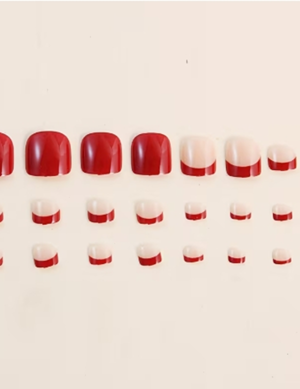 Faux Ongles d'Orteils Press-On Carrés Courts – Kit de 24 Pièces avec Bords Rouges et Motifs Géométriques Simples et Sophistiqués