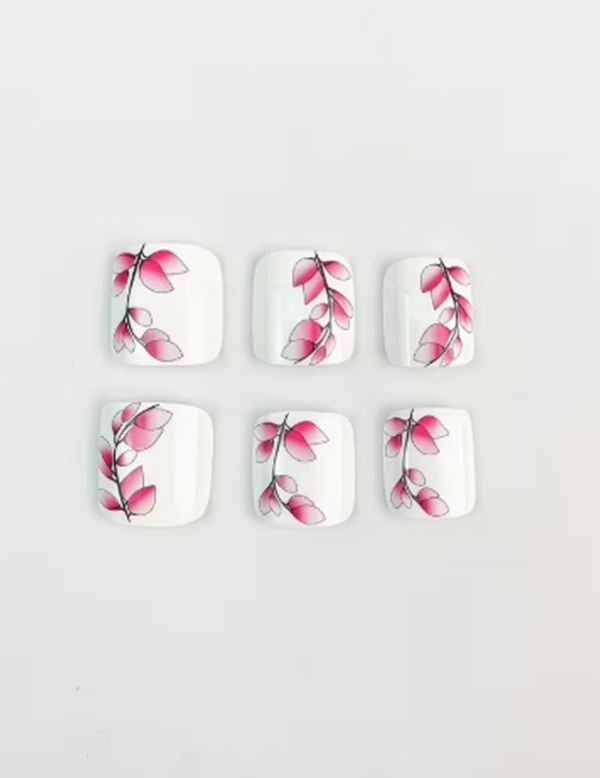 Rectangle 879 (63) Faux Ongles d'Orteils Press-On Motif Fleurs Roses – Kit de 24 Pièces "Armure de Beauté" pour Pédicure Printemps-Été