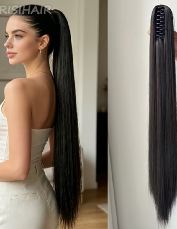 Extension de Queue de Cheval à Pince Griffe Longue et Droite – Postiche Lisse en Fibre Synthétique Résistante à la Chaleur pour le Quotidien et les Fêtes