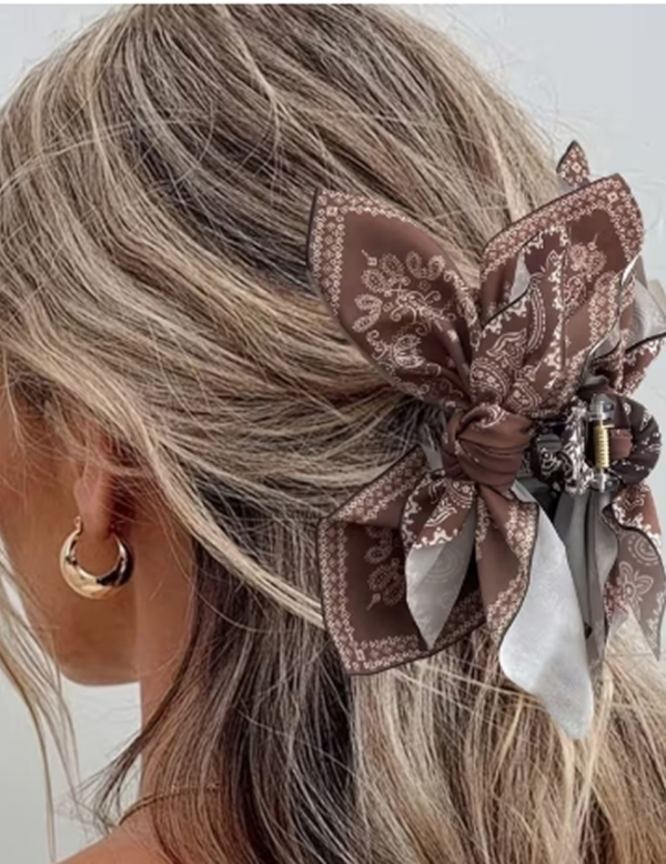 Grande Pince à Cheveux Crabe Couleur Café Style Bohème – Accessoire Cheveux pour Femme avec Motifs Fleur de Cajou, Papillon et Nœud
