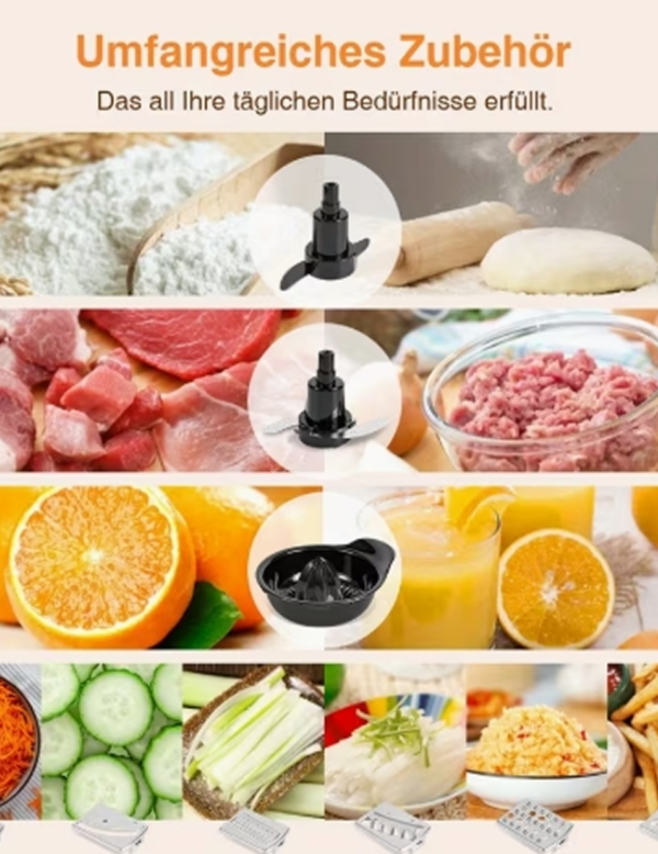 Robot Culinaire Multifonction 11-en-1 en Acier Inoxydable – Robot Pâtissier 750W, Bol Multi-Préparations 1.8L et 1.2L, 5 Vitesses avec Hachoir, Pétrisseur, Fouet et Extracteur de Jus