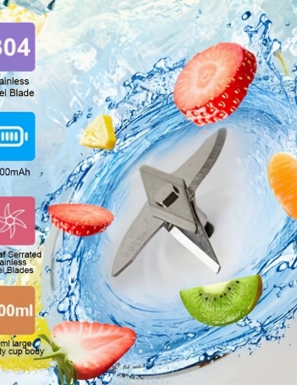 Mini Extracteur de Jus et Mixeur Portable 2-en-1 – Blender Sans Fil à 6 Lames Amélioré, Rechargeable par USB avec 2 Tasses et Couvercle Sport