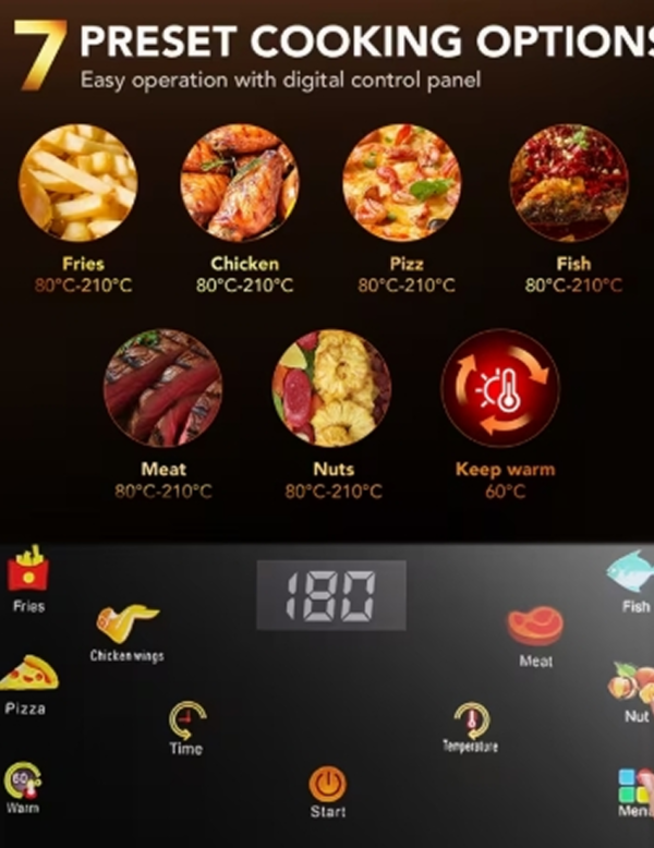 Friteuse à Air Sans Huile XXL 10,5L avec Fenêtre Visible – Air Fryer Électrique 1800W, 7 Programmes Prédéfinis, Technologie de Cuisson Rapide et Économe en Énergie