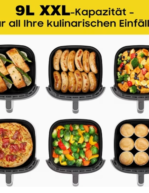 Rectangle 879 (91) Friteuse à Air Chaud XXL 9 Litres – Air Fryer Ultra-Puissant 2350W, Écran Tactile LED, 9 Programmes de Cuisson et Rappel de Secouage