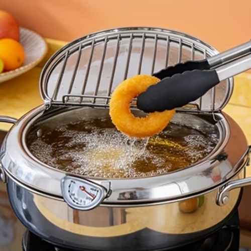 Marmite à Friture Japonaise Tempura en Acier Inoxydable – Casserole Économiseuse d'Huile avec Thermomètre Intégré et Couvercle Égouttoir pour Induction et Gaz