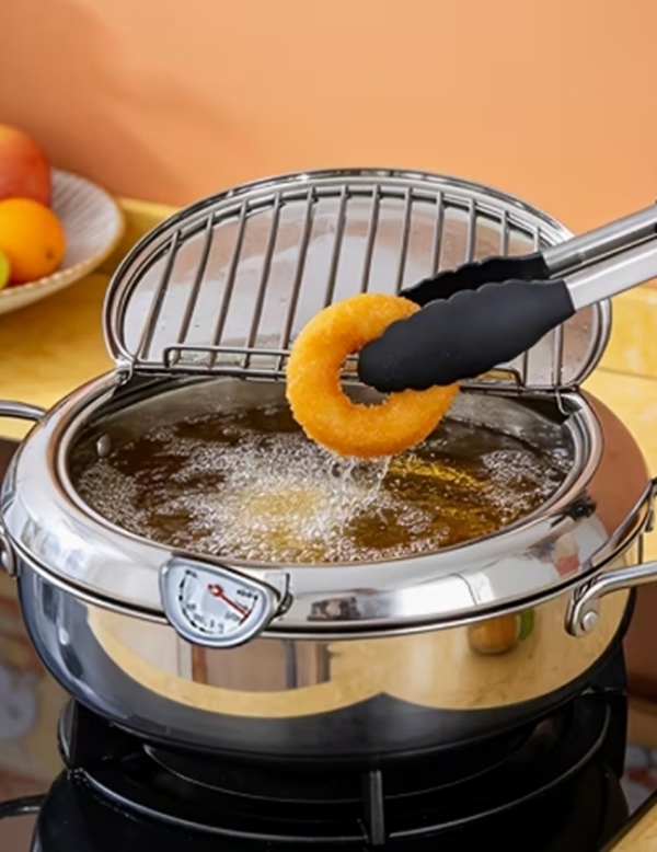 Marmite à Friture Japonaise Tempura en Acier Inoxydable – Casserole Économiseuse d'Huile avec Thermomètre Intégré et Couvercle Égouttoir pour Induction et Gaz