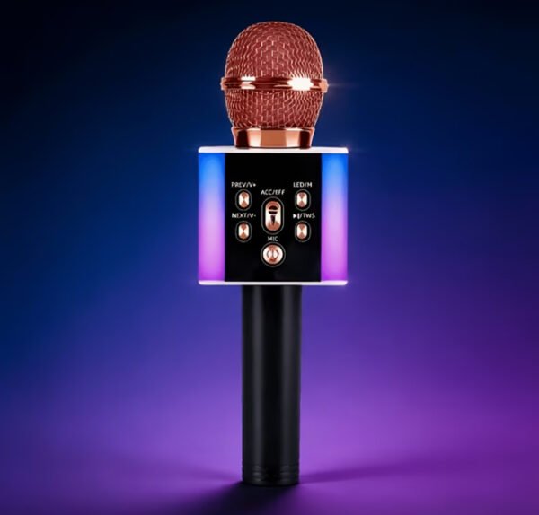 Microphone de Karaoké Sans Fil Portable Tout-en-Un (Modèle 2026) – Haut-Parleur Intégré, Lumières LED Dynamiques & Changeur de Voix Amusant