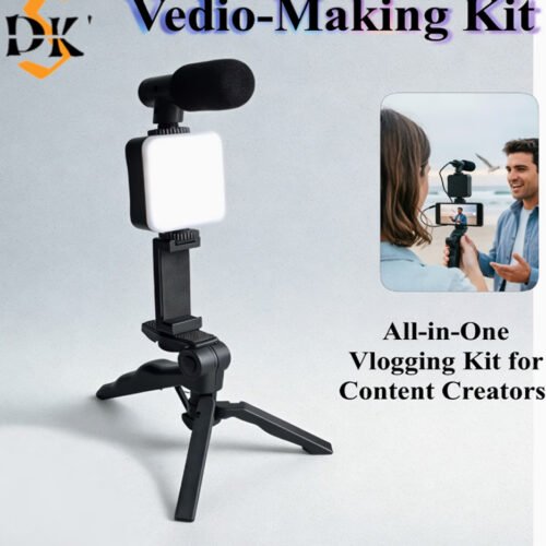 Kit Vlogging Tout-en-Un – Trépied Portable pour Téléphone, Lumière de Remplissage LED & Microphone (Spécial Streaming, Cosmétique & Vidéo)