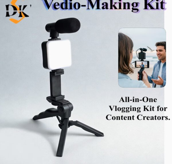 Kit Vlogging Tout-en-Un – Trépied Portable pour Téléphone, Lumière de Remplissage LED & Microphone (Spécial Streaming, Cosmétique & Vidéo)