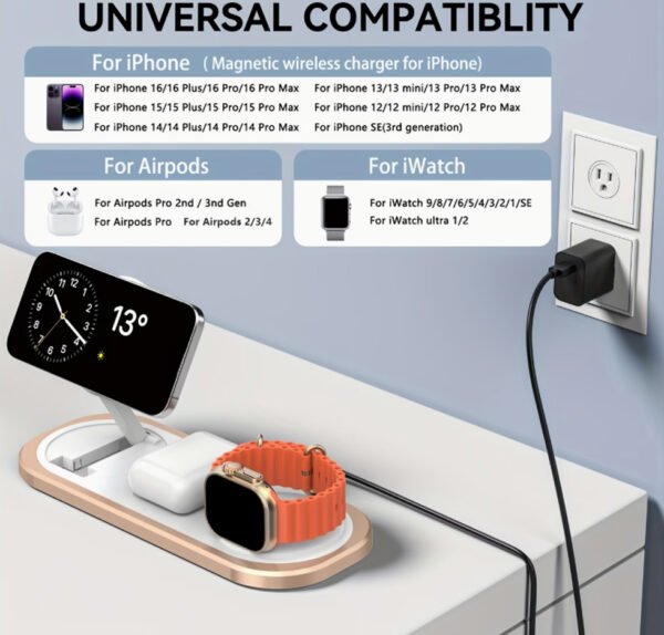 Station de Charge Sans Fil Rapide 3-en-1 15W – Chargeur Pliable pour iPhone 17/16/15, Apple Watch (Toutes Séries & Ultra) & AirPods (Pro/2/3/4)