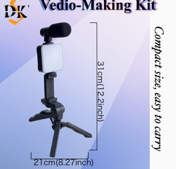 Kit Vlogging Tout-en-Un – Trépied Portable pour Téléphone, Lumière de Remplissage LED & Microphone (Spécial Streaming, Cosmétique & Vidéo)
