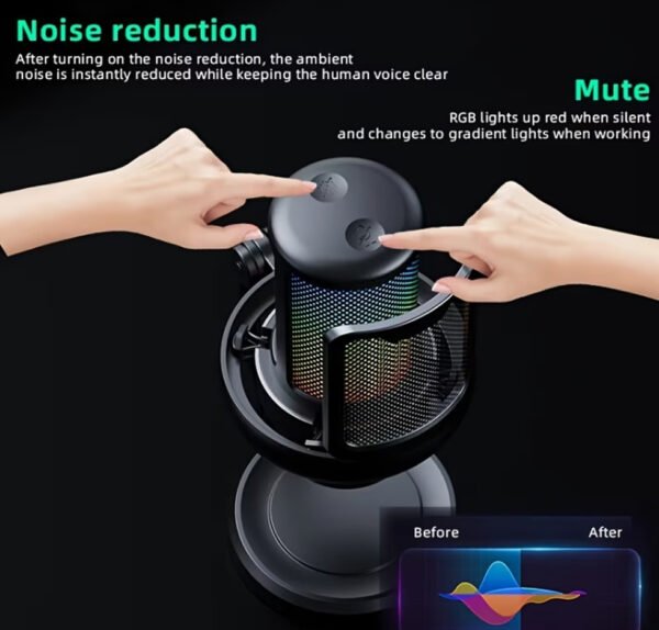 Microphone de Gaming USB Professionnel – Éclairage RVB, Réduction du Bruit & Bouton Muet Tactile