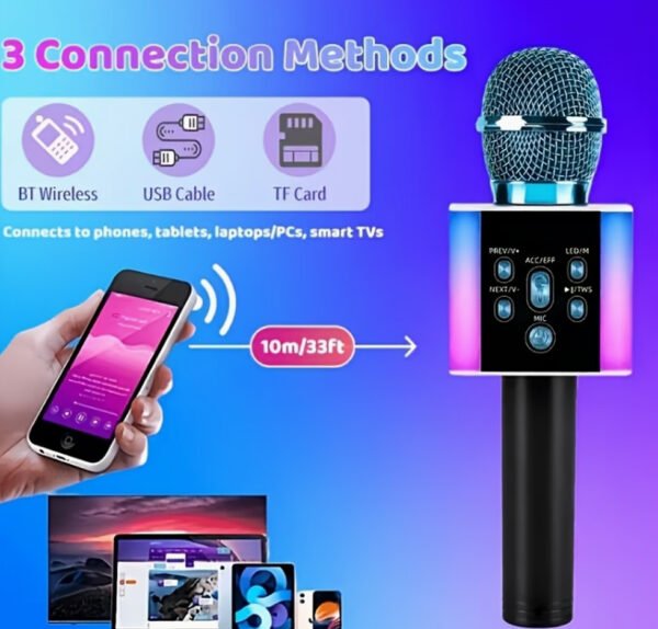 Microphone de Karaoké Sans Fil Portable Tout-en-Un (Modèle 2026) – Haut-Parleur Intégré, Lumières LED Dynamiques & Changeur de Voix Amusant