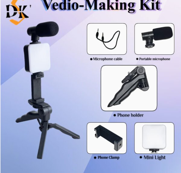 Kit Vlogging Tout-en-Un – Trépied Portable pour Téléphone, Lumière de Remplissage LED & Microphone (Spécial Streaming, Cosmétique & Vidéo)