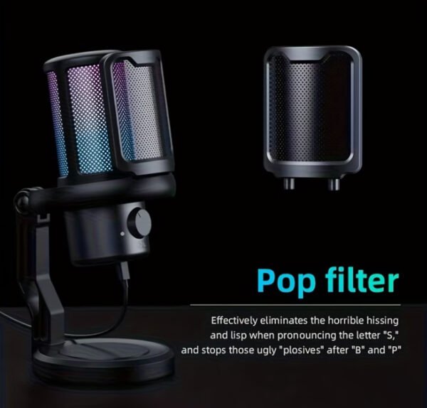 Microphone de Gaming USB Professionnel – Éclairage RVB, Réduction du Bruit & Bouton Muet Tactile
