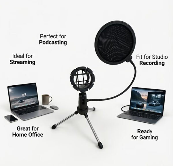 Kit Microphone de Bureau Léger – Trépied en Métal, Support Anti-Choc & Filtre Anti-Pop Flexible à Col de Cygne (Spécial Podcast, Streaming & Enregistrement)