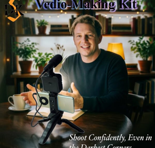 Kit Vlogging Tout-en-Un – Trépied Portable pour Téléphone, Lumière de Remplissage LED & Microphone (Spécial Streaming, Cosmétique & Vidéo)