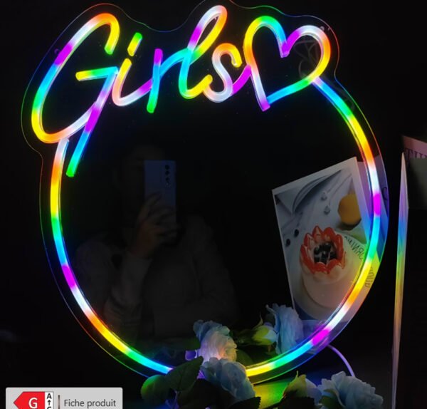 Miroir Néon LED Personnalisé (Alimenté par USB) – Miroir Décoratif avec Luminosité Réglable pour Chambre, Salle de Bain,