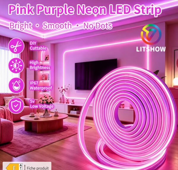 Bande Lumineuse LED Néon Rose Premium – Gaine Silicone Flexible