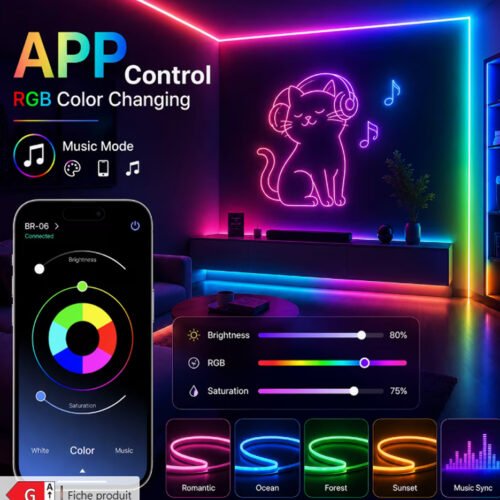 Bande Lumineuse LED Néon RGB Intelligente 30M/15M/5M avec Télécommande & Prise, 16 Millions de Couleurs et Contrôle via APP, IP67 DIY et Lumière à Minuteur Découpable pour Chambres, Décoration de Plafond