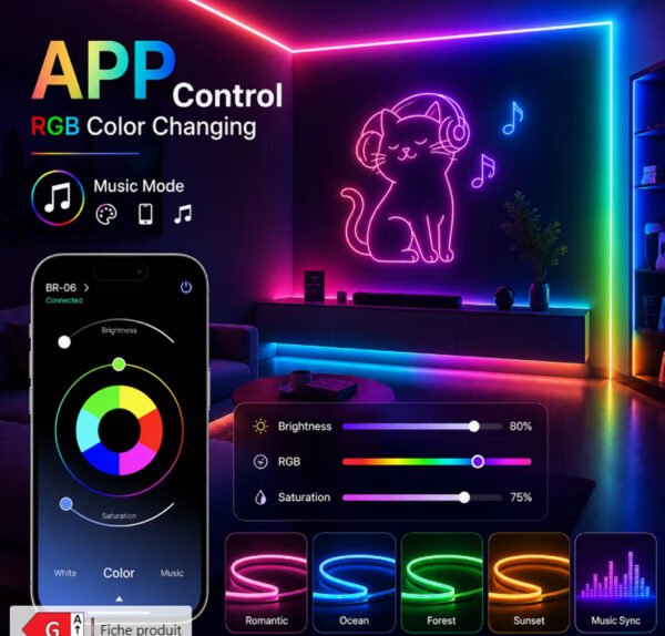Rectangle 889 Bande Lumineuse LED Néon RGB Intelligente 30M/15M/5M avec Télécommande & Prise, 16 Millions de Couleurs et Contrôle via APP, IP67 DIY et Lumière à Minuteur Découpable pour Chambres, Décoration de Plafond