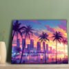 Tableau sur Toile Skyline de Miami (Avec Cadre en Bois) – 29,97 x 39,88 cm | Vue Coucher de Soleil Vibrant avec Palmiers & Gratte-ciel, Décoration Murale Côtière et Moderne