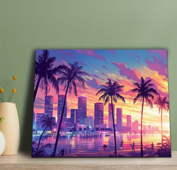 Tableau sur Toile Skyline de Miami (Avec Cadre en Bois) – 29,97 x 39,88 cm | Vue Coucher de Soleil Vibrant avec Palmiers & Gratte-ciel, Décoration Murale Côtière et Moderne