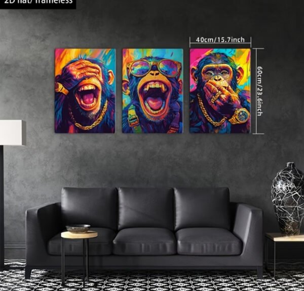 Lot de 3 Posters sur Toile (Sans Cadre) – Motif "Trois Singes Ouverts" en Impression Artistique 2D, Décoration Murale Moderne pour Salon, Chambre, Salle de Bain et Salle à Manger – Idée Cadeau Nouvel An & Fêtes
