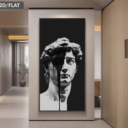 Grande Peinture Verticale sur Toile "Les Larmes de David" (Sans Cadre) – Affiche Pop Art & Abstrait Moderne en Noir et Blanc, Portrait Sculptural Mélancolique pour Salon, Chambre et Bureau