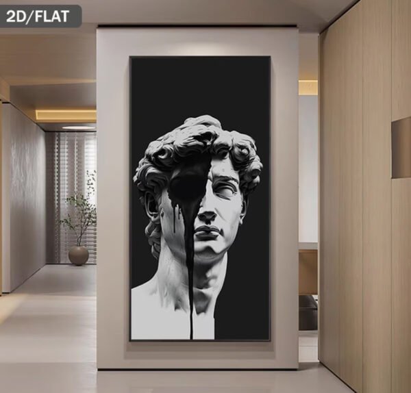 Grande Peinture Verticale sur Toile "Les Larmes de David" (Sans Cadre) – Affiche Pop Art & Abstrait Moderne en Noir et Blanc, Portrait Sculptural Mélancolique pour Salon, Chambre et Bureau