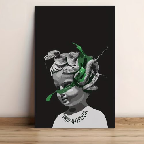 Tableau Design Couverture d'Album Gunna avec Serpents Verts & Cheveux Blonds, Décoration Murale 2D