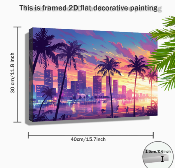 Tableau sur Toile Skyline de Miami (Avec Cadre en Bois) – 29,97 x 39,88 cm | Vue Coucher de Soleil Vibrant avec Palmiers & Gratte-ciel, Décoration Murale Côtière et Moderne