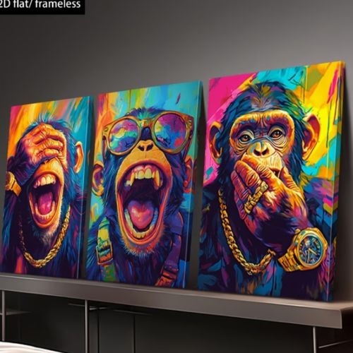 Lot de 3 Posters sur Toile (Sans Cadre) – Motif "Trois Singes Ouverts" en Impression Artistique 2D, Décoration Murale Moderne pour Salon, Chambre, Salle de Bain et Salle à Manger – Idée Cadeau Nouvel An & Fêtes