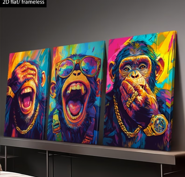 Lot de 3 Posters sur Toile (Sans Cadre) – Motif "Trois Singes Ouverts" en Impression Artistique 2D, Décoration Murale Moderne pour Salon, Chambre, Salle de Bain et Salle à Manger – Idée Cadeau Nouvel An & Fêtes