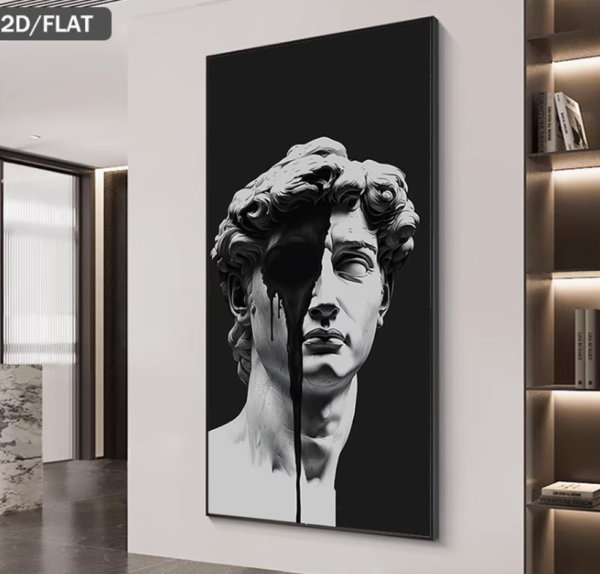 Grande Peinture Verticale sur Toile "Les Larmes de David" (Sans Cadre) – Affiche Pop Art & Abstrait Moderne en Noir et Blanc, Portrait Sculptural Mélancolique pour Salon, Chambre et Bureau
