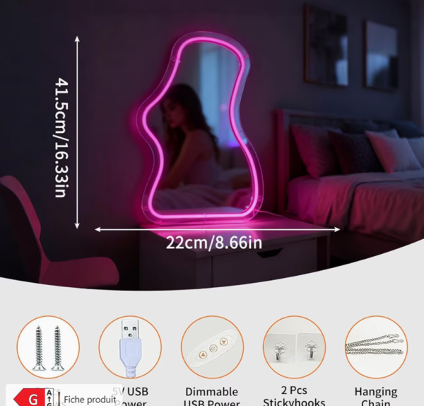 Miroir Néon LED Rose Fluo – Décoration Murale