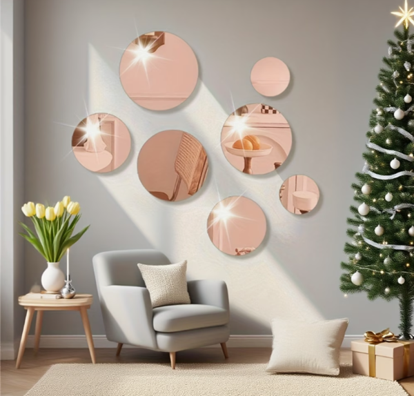 Lot de 9 Miroirs Ronds Incassables en Acrylique Or Rose