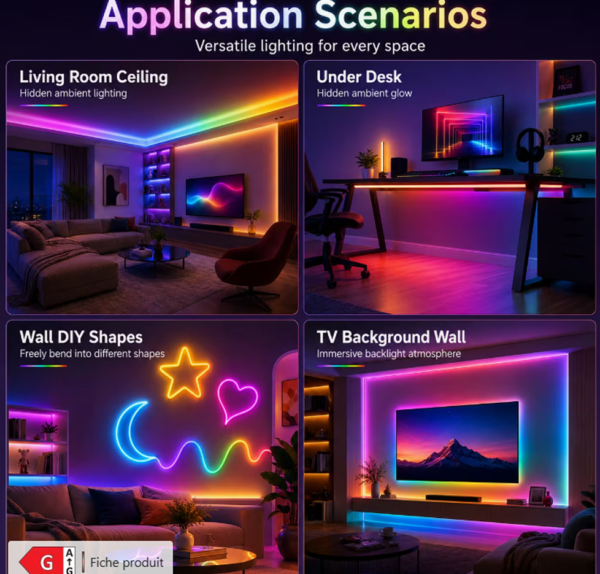 Rectangle 891 Bande Lumineuse LED Néon RGB Intelligente 30M/15M/5M avec Télécommande & Prise, 16 Millions de Couleurs et Contrôle via APP, IP67 DIY et Lumière à Minuteur Découpable pour Chambres, Décoration de Plafond
