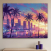Tableau sur Toile Skyline de Miami (Avec Cadre en Bois) – 29,97 x 39,88 cm | Vue Coucher de Soleil Vibrant avec Palmiers & Gratte-ciel, Décoration Murale Côtière et Moderne