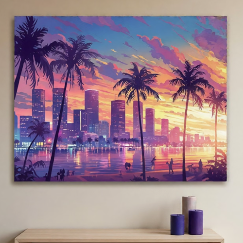Tableau sur Toile Skyline de Miami (Avec Cadre en Bois) – 29,97 x 39,88 cm | Vue Coucher de Soleil Vibrant avec Palmiers & Gratte-ciel, Décoration Murale Côtière et Moderne