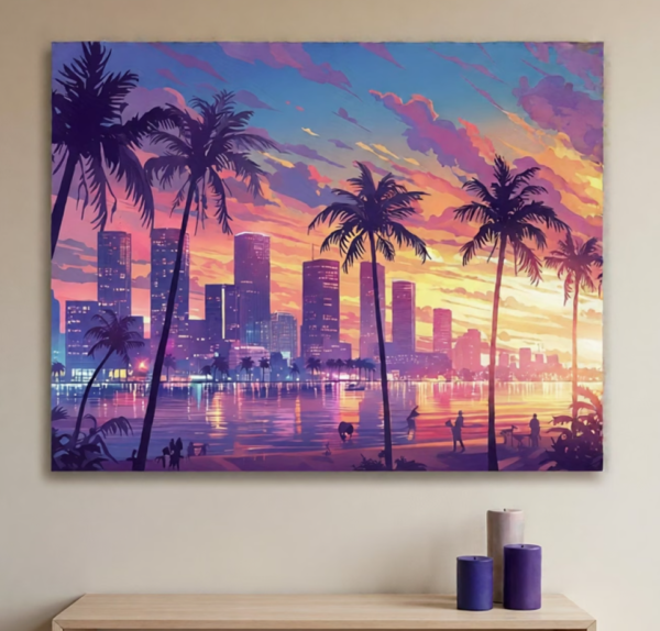 Tableau sur Toile Skyline de Miami (Avec Cadre en Bois) – 29,97 x 39,88 cm | Vue Coucher de Soleil Vibrant avec Palmiers & Gratte-ciel, Décoration Murale Côtière et Moderne