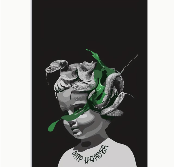 Rectangle 892 Tableau Design Couverture d'Album Gunna avec Serpents Verts & Cheveux Blonds, Décoration Murale 2D