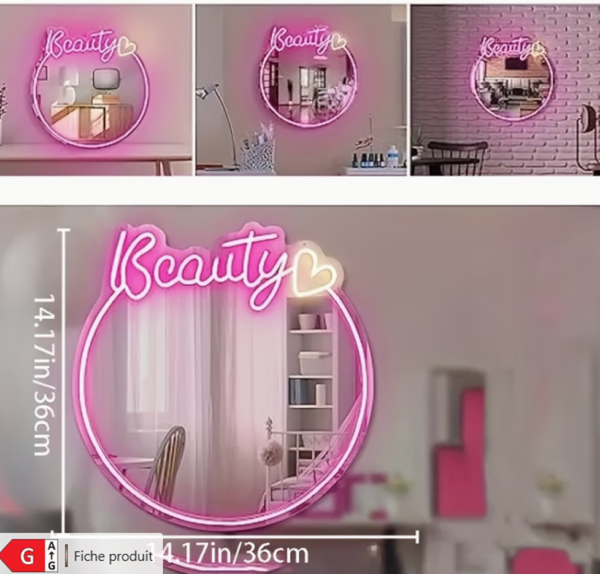 Miroir Néon LED Personnalisé (Alimenté par USB) – Miroir Décoratif avec Luminosité Réglable pour Chambre, Salle de Bain,