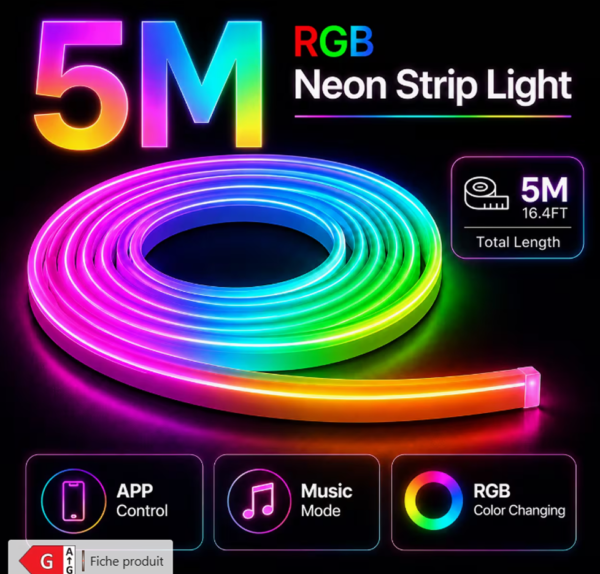 Rectangle 892 Bande Lumineuse LED Néon RGB Intelligente 30M/15M/5M avec Télécommande & Prise, 16 Millions de Couleurs et Contrôle via APP, IP67 DIY et Lumière à Minuteur Découpable pour Chambres, Décoration de Plafond