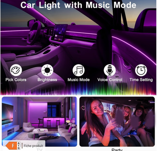 Bande Lumineuse LED Néon RGB de 3,0 Mètres pour Habitacle de Voiture