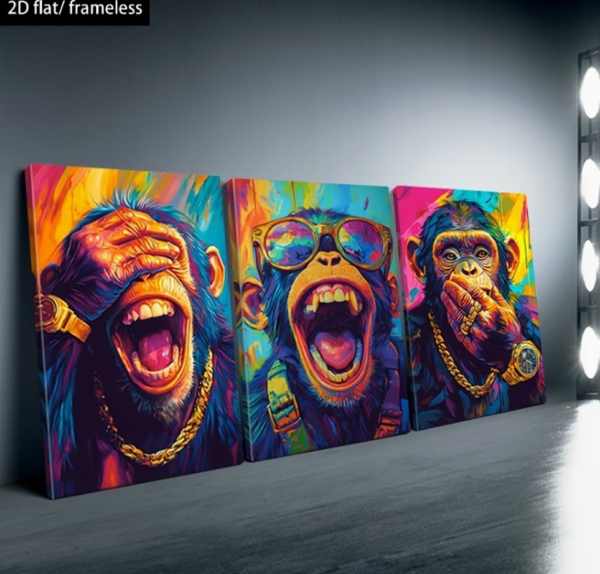 Lot de 3 Posters sur Toile (Sans Cadre) – Motif "Trois Singes Ouverts" en Impression Artistique 2D, Décoration Murale Moderne pour Salon, Chambre, Salle de Bain et Salle à Manger – Idée Cadeau Nouvel An & Fêtes